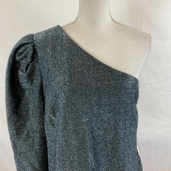 Happy Nature One Shoulder Dress XL Gray Blue Sparkle Metallic Long Sleeve Lined - Picture 3 of 12
